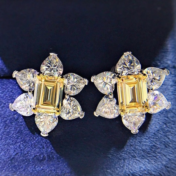 Beautiful Yellow & Silver Zircon Flower Earrings - Picture 10 of 10